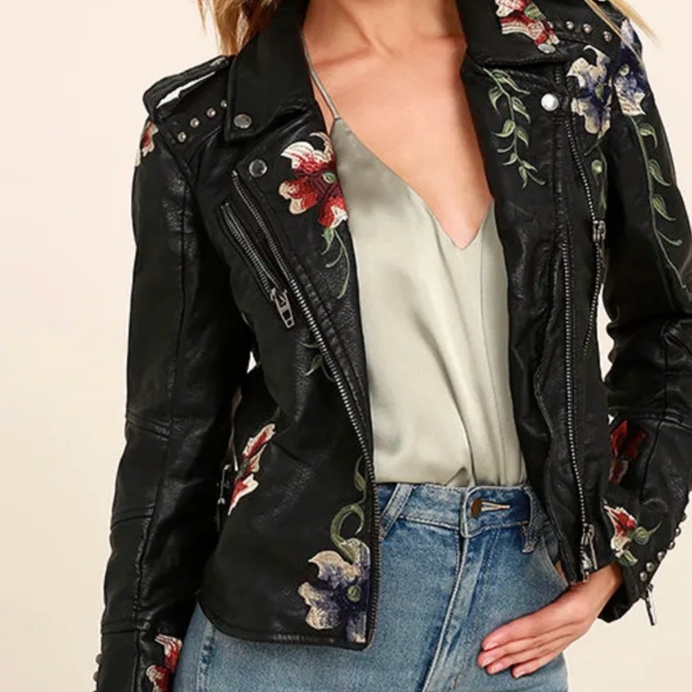 Blank NYC Black Leather Jacket with Floral Embroidery